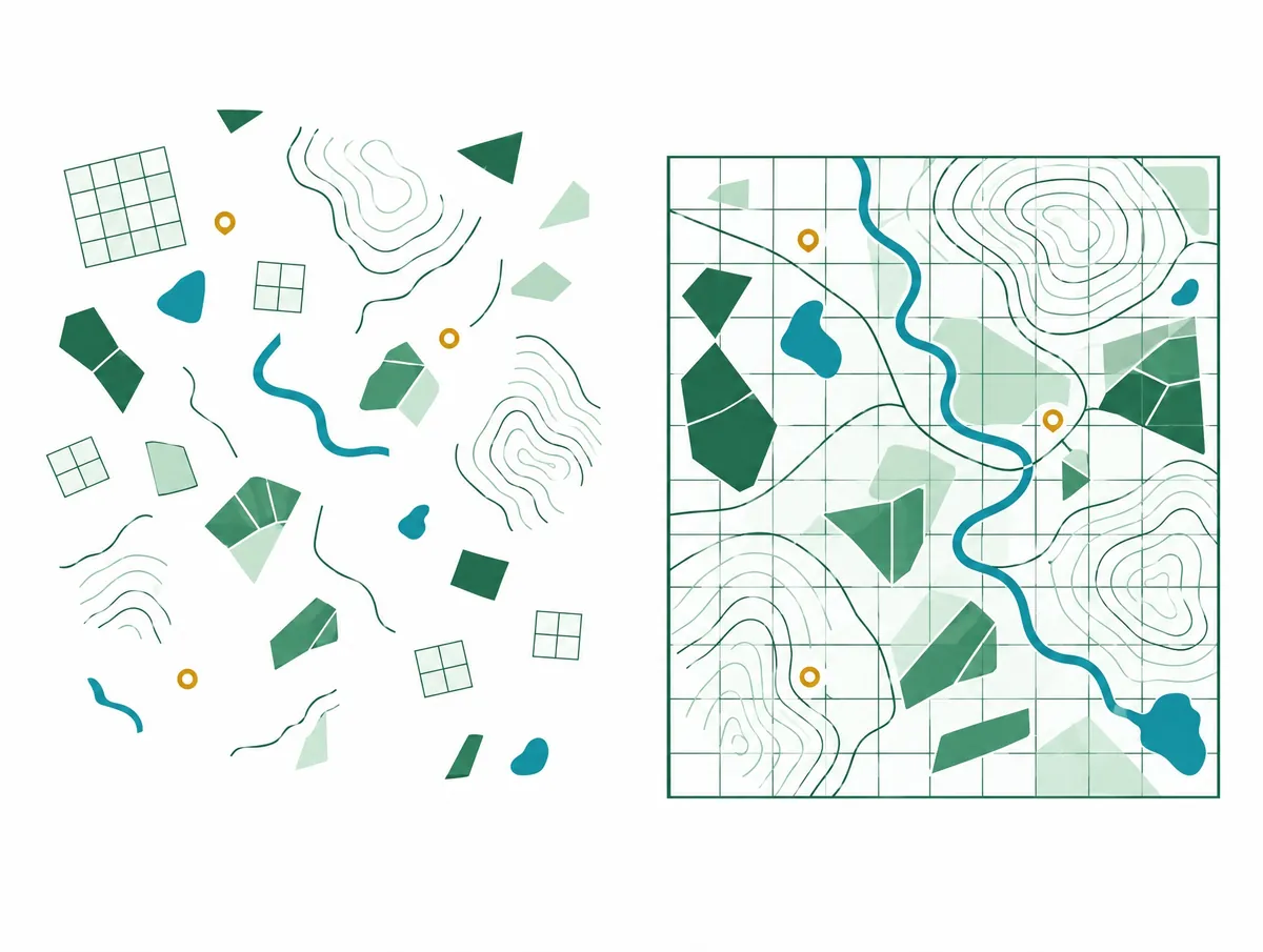 Illustration: links verstreute Kartenteile, rechts dieselben Teile zu einer geordneten Karte zusammengefügt